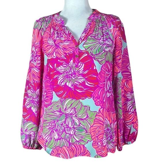 Lilly Pulitzer Elsa Worth It Silk Pink Floral Top Size 📦 - Picture 2 of 11